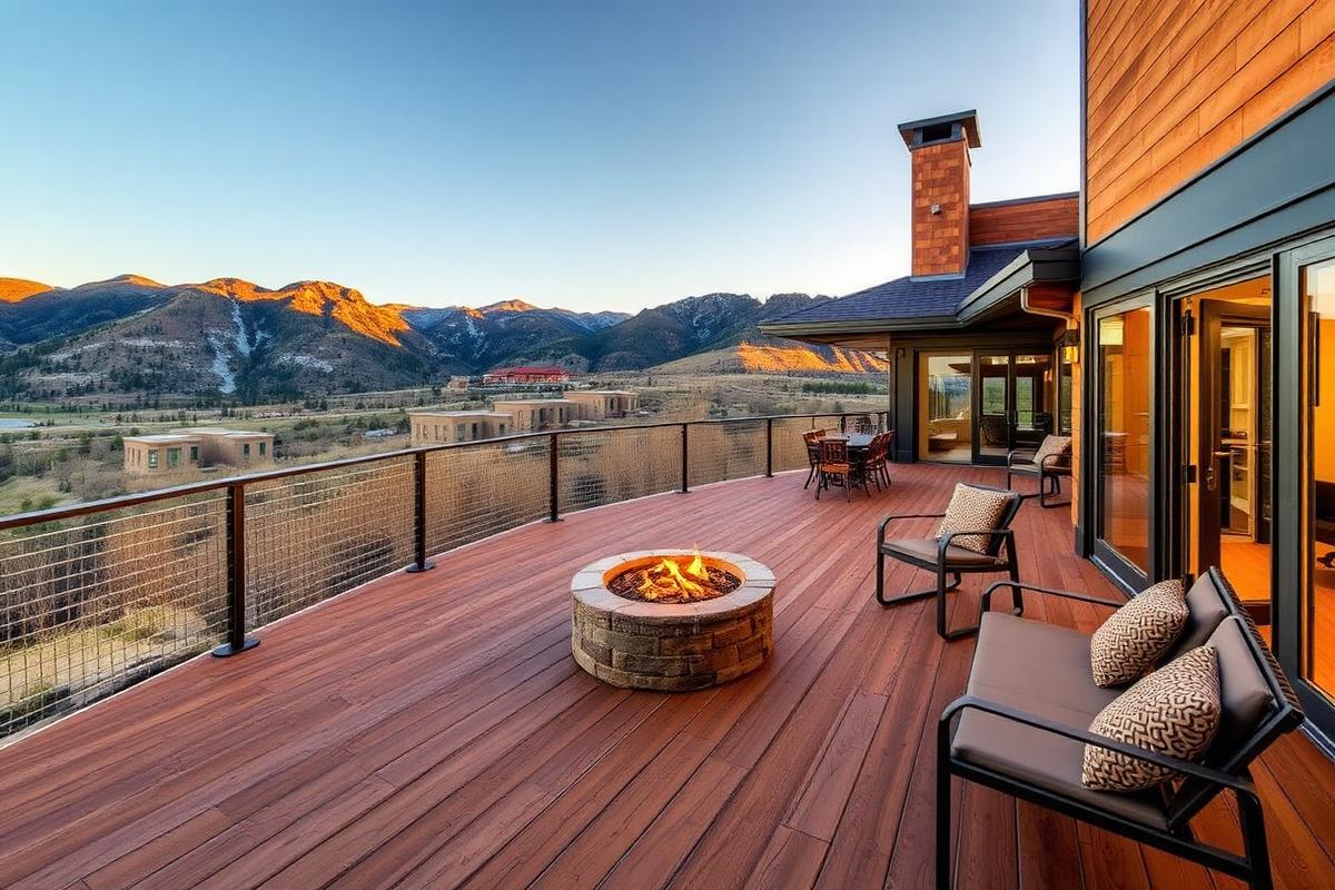 Modern cedar deck with cable railings and stone fire pit overlooking the Elk Mountains at sunset