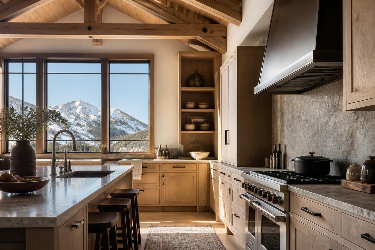 Alpine modern kitchen with white oak cabinetry, stone countertops, and exposed timber beams overlooking snow-capped mountains