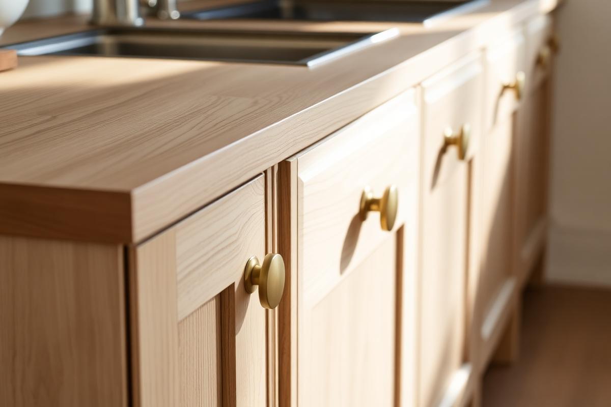 Detail of white oak kitchen cabinetry with unlacquered brass hardware